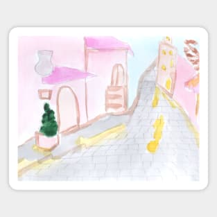 cityscape, city, landscape, background, street, road, architecture, house, houses, watercolor, hand-drawn, illustration, design Magnet